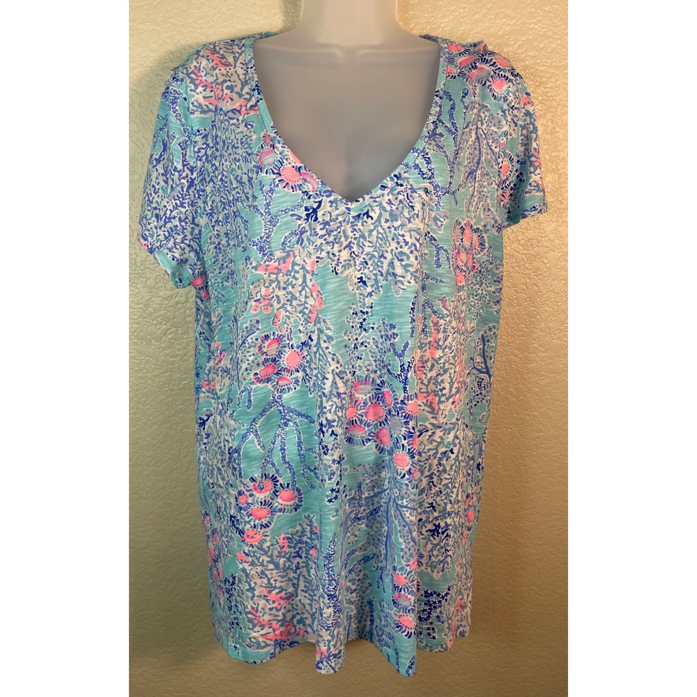 Lilly Pulitzer Womens XL Etta V Neck Top Blue Pink Coral Reef Cotton Slub Tee